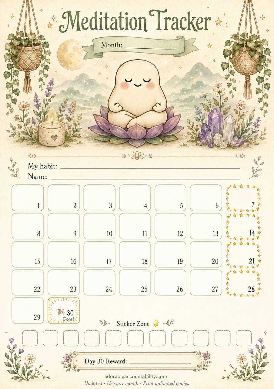 30-Day Meditation Tracker — watercolor Mochi character meditating on lotus with crystals and candles
