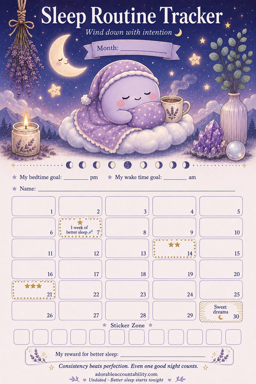 Sleep Routine Tracker — purple Mochi sleeping on cloud with lavender and crystals