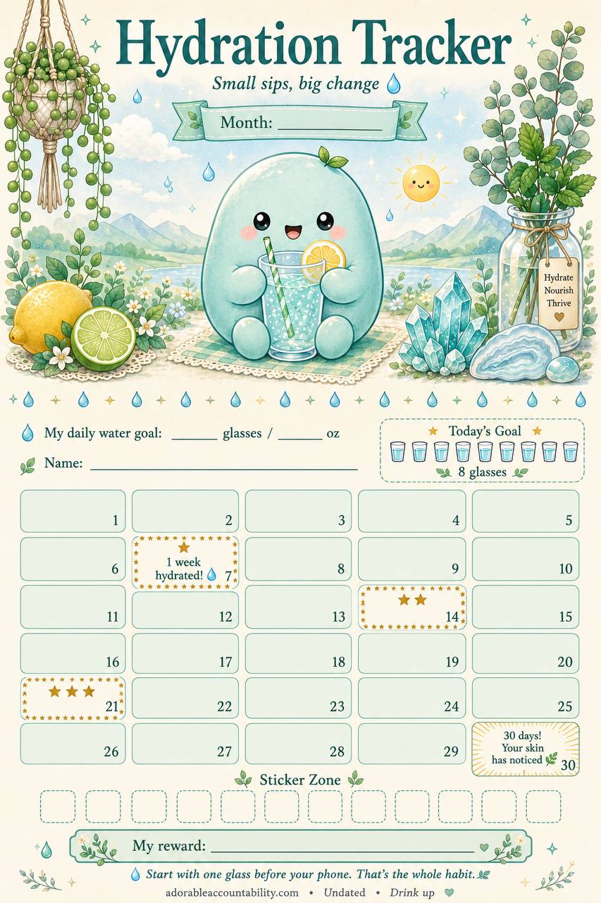 Hydration Tracker — teal Mochi drinking with lemon and crystals