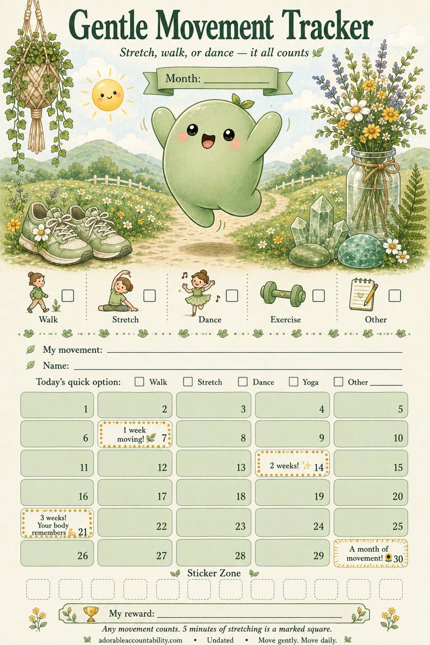 Gentle Movement Tracker — green Mochi dancing in meadow